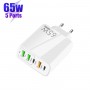 65W Dual PD Type-C + 3 x Chargeur multi-ports USB pour téléphone et tablette PC, prise UE